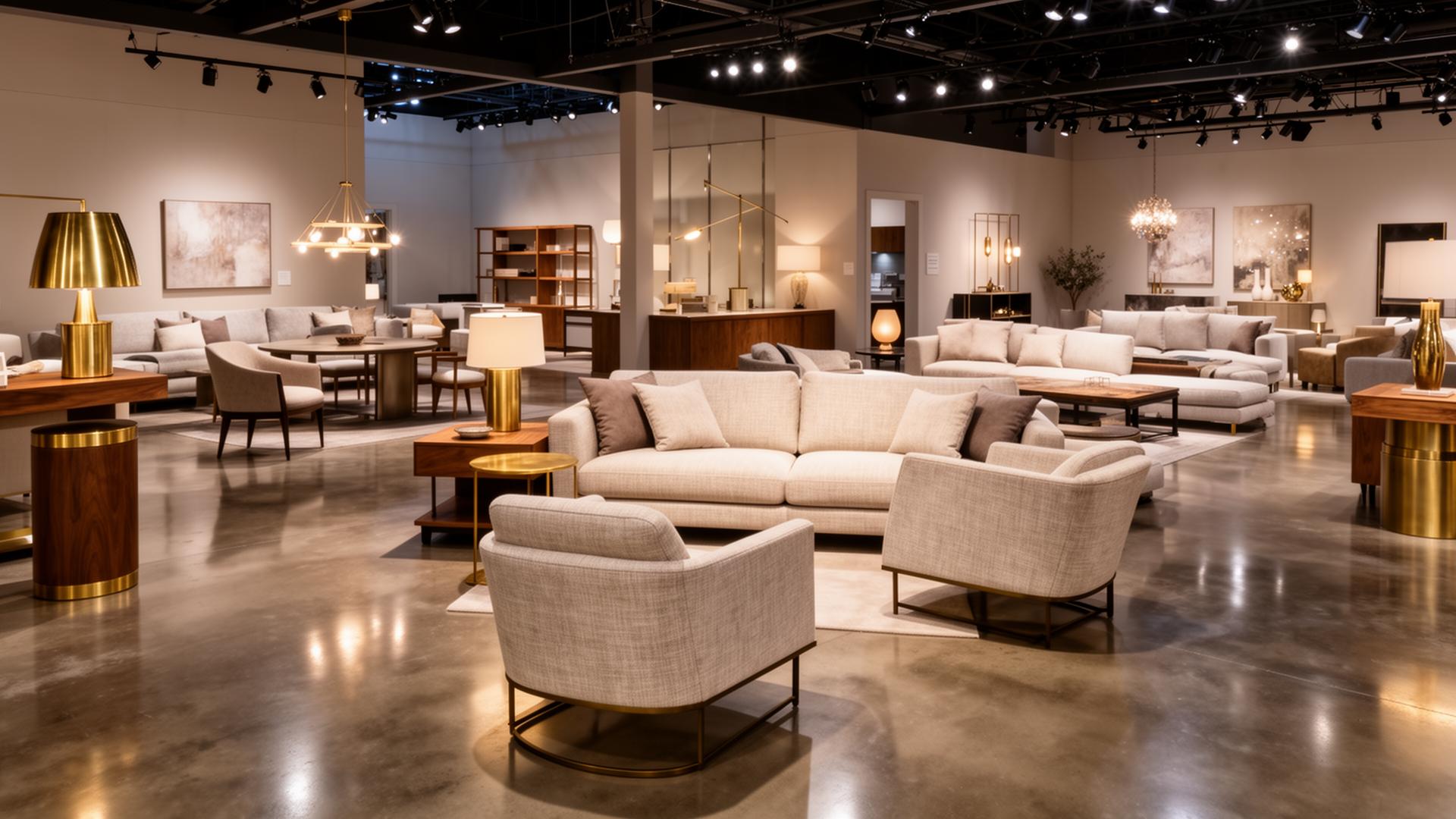 A high-end furniture showroom floor with modern sofas and brass accents