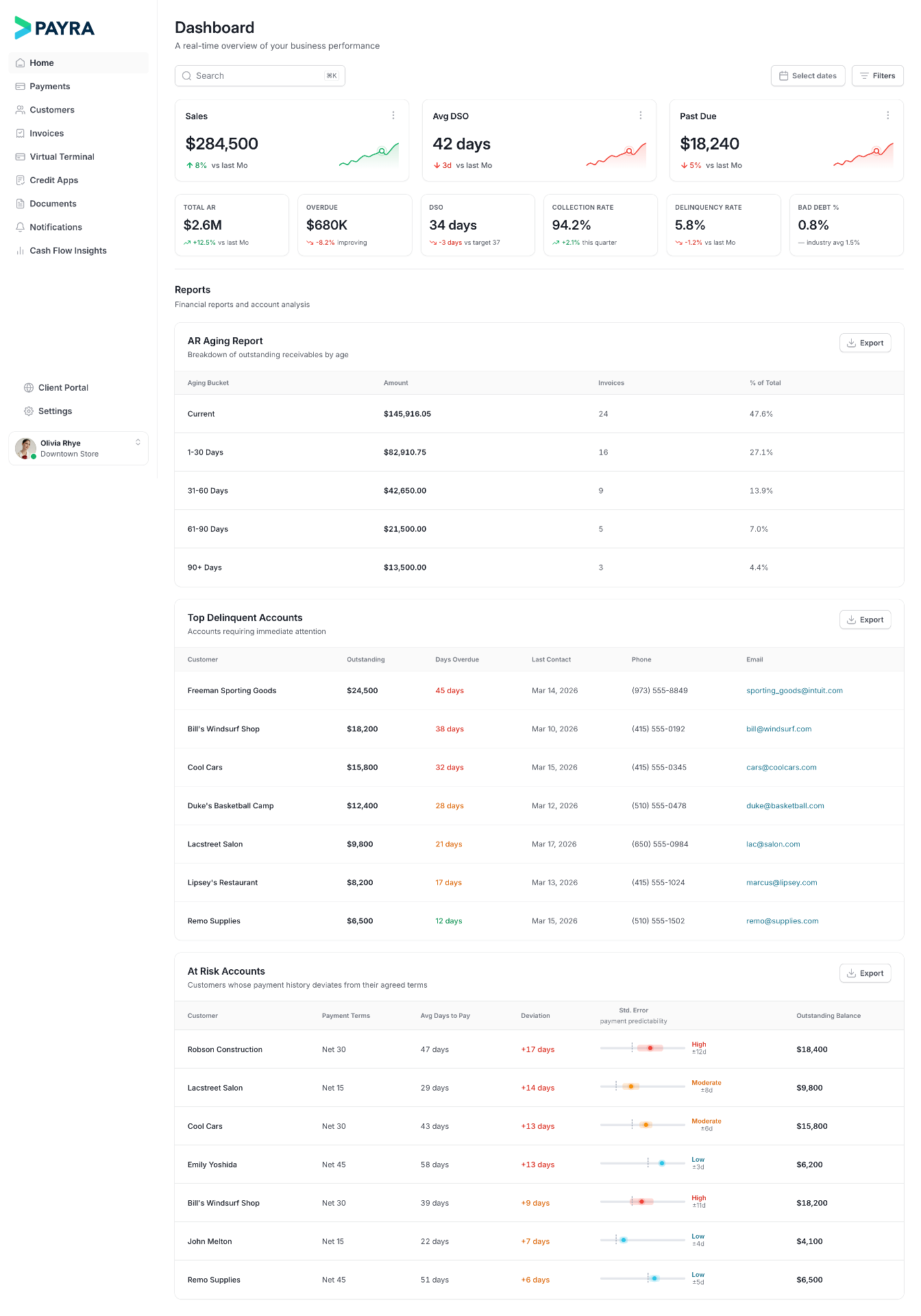 PAYRA dashboard showing sales, DSO, past-due, AR aging report and top delinquent accounts